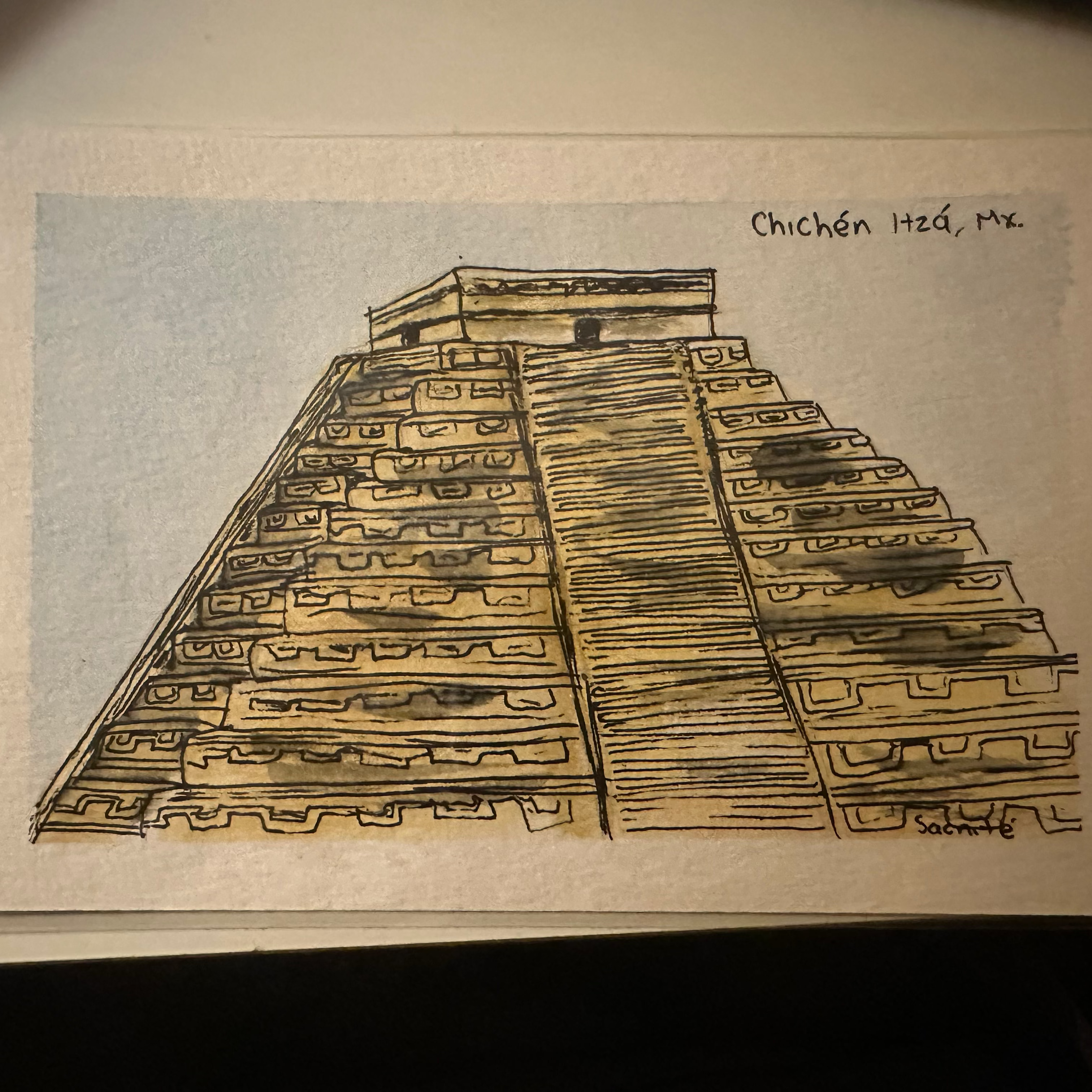 Obra de arte pintada a mano (acuarela) en marco de madera "Chichen-itza" (Pieza única)