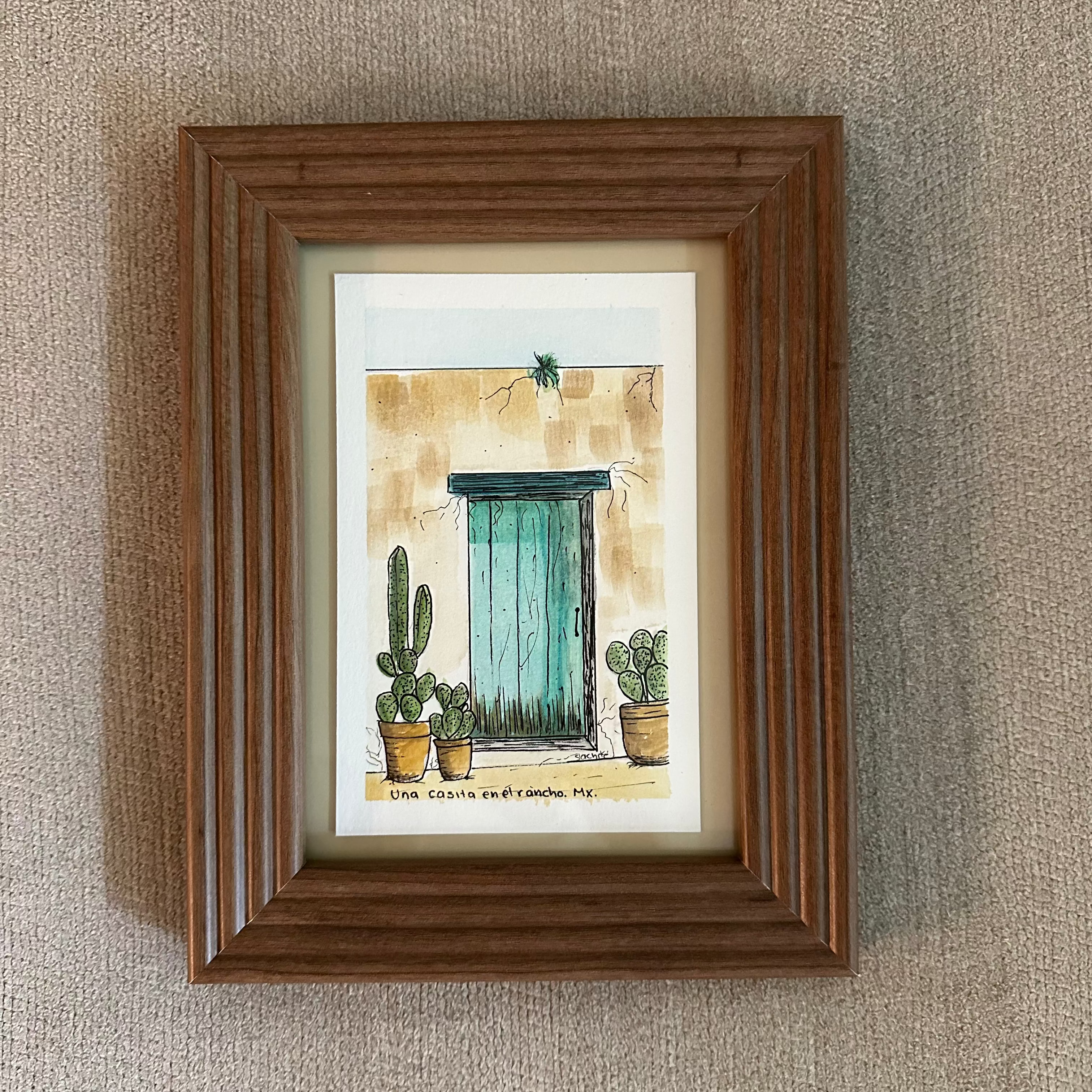 Obra de arte pintada a mano (acuarela) en marco de madera "Una casita en el rancho" (Pieza única)