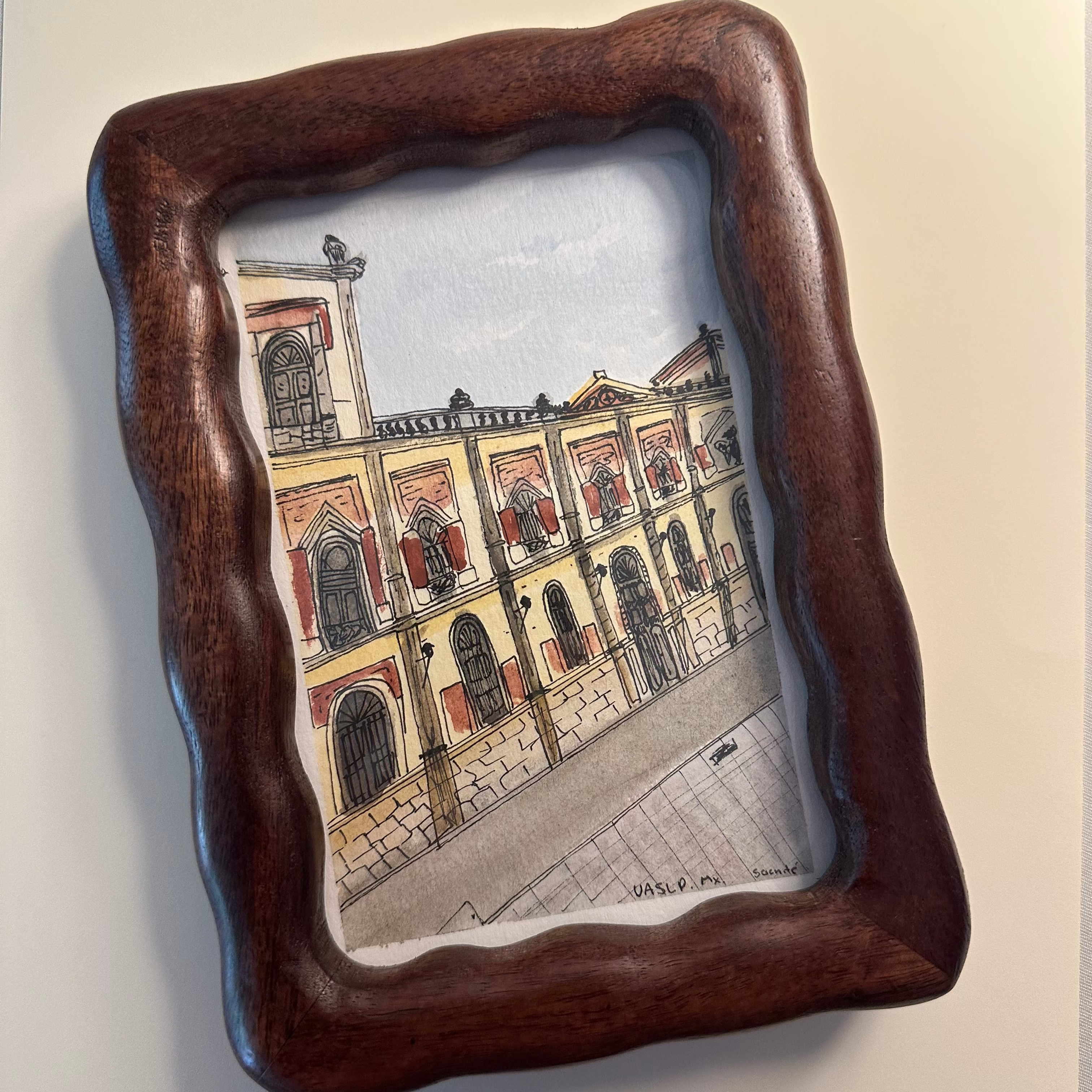 Pintura hecha a mano (Acuarela) con marco de madera "UASLP" (pieza única)