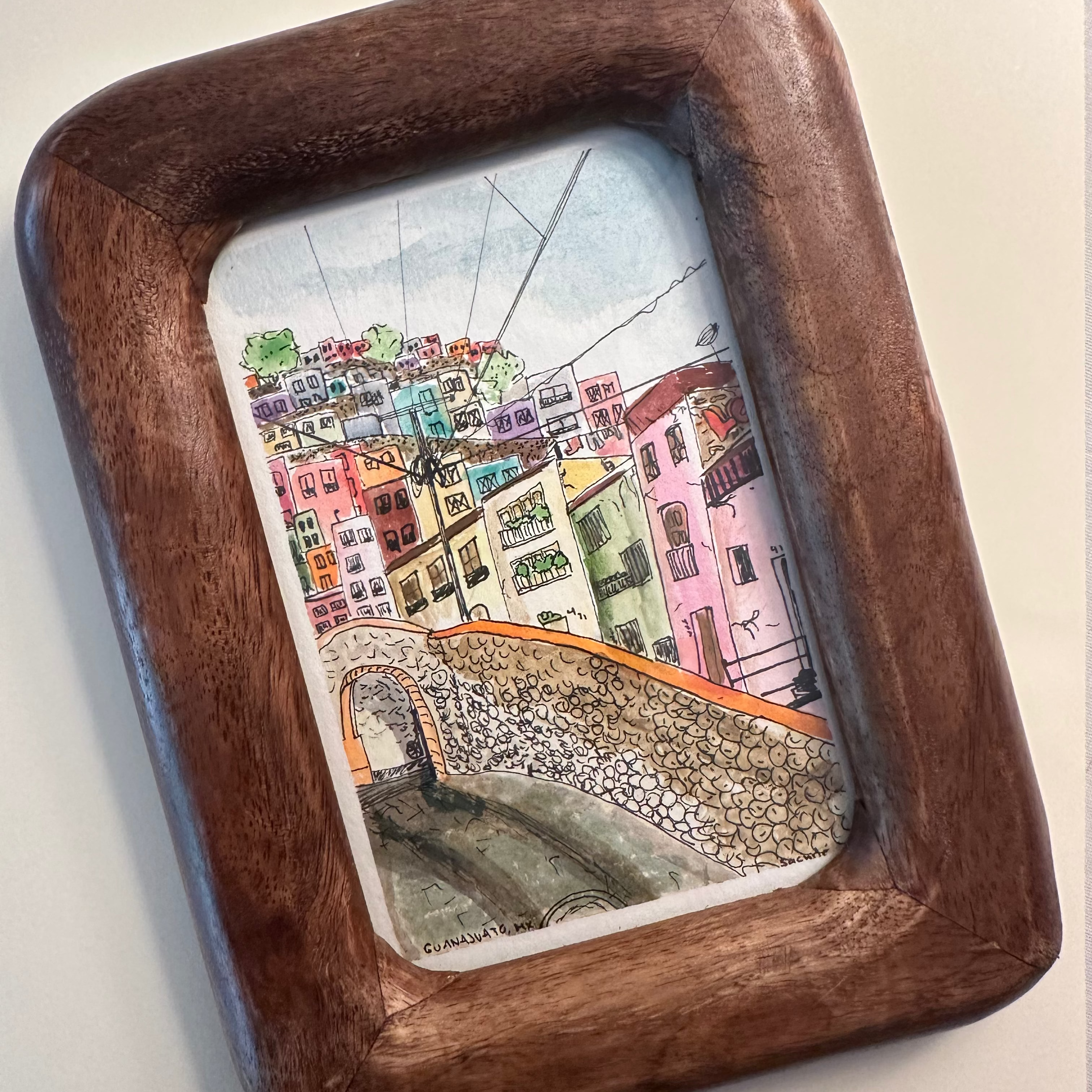 Pintura hecha a mano (Acuarela) con marco de madera "Cervantino" (pieza única)