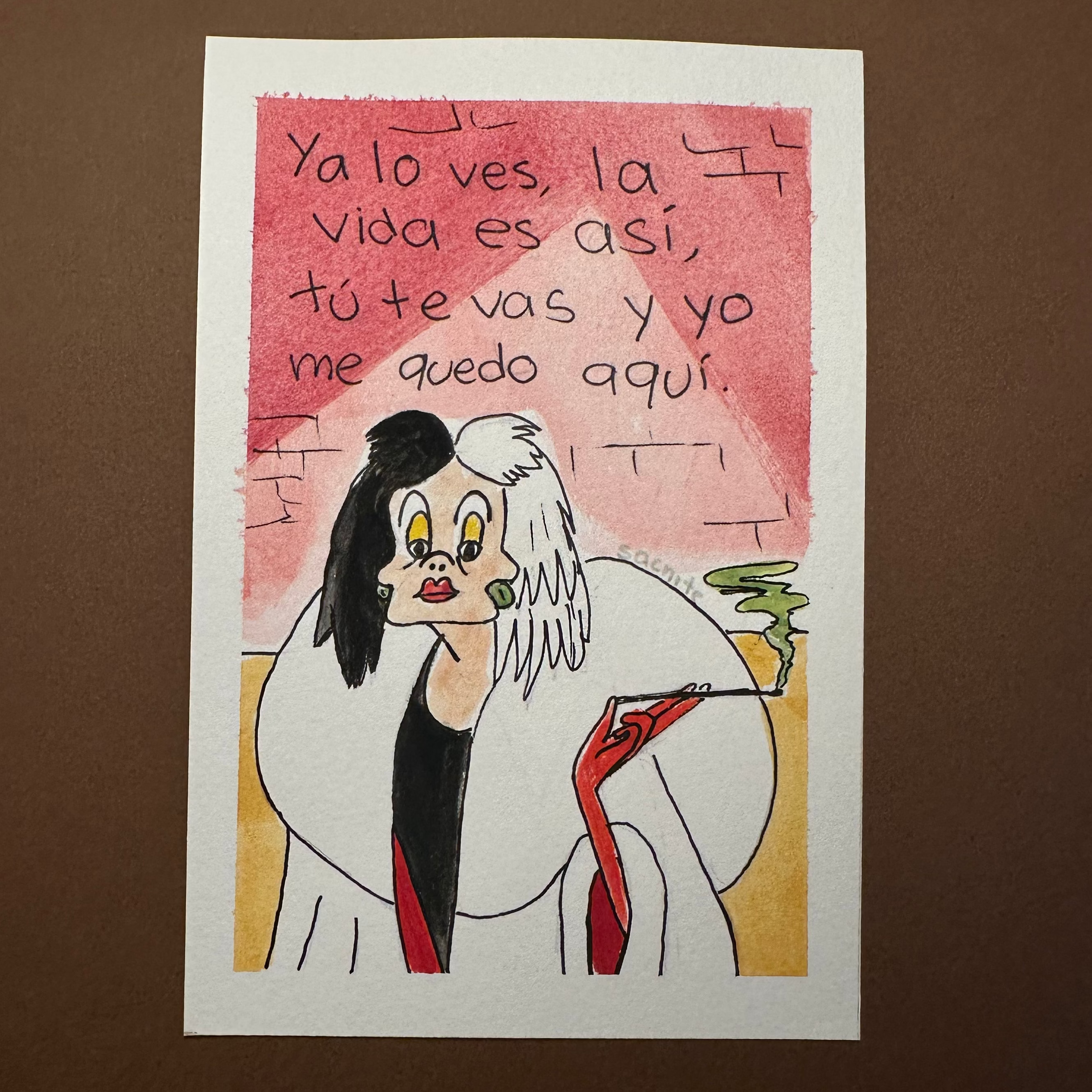 Pintura hecha a mano (acuarela) "Cruella bajo la lluvia" (pieza única)